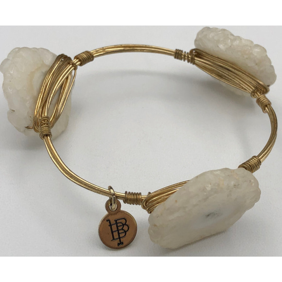 Bourbon & Boweties Bracelet Milky Quartz Slabs Gold Tone Wire Wrapped Bangle - Picture 4 of 7